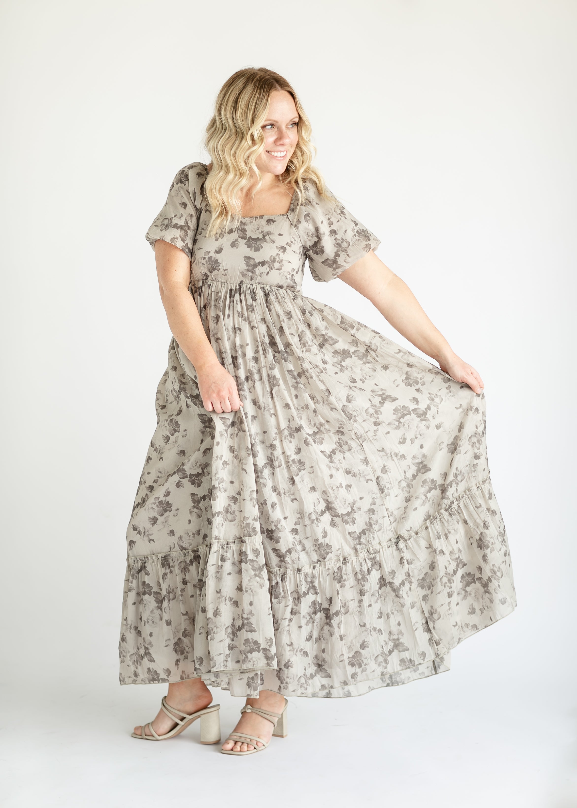 Taupe Floral Puff Sleeve Maxi Dress - FINAL SALE – Inherit Co.