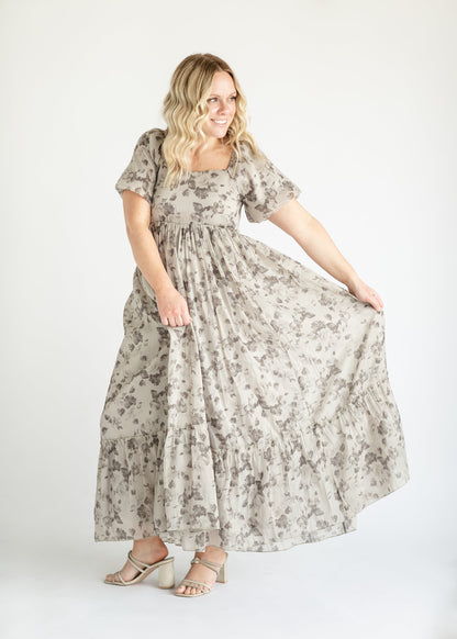 Taupe Floral Puff Sleeve Maxi Dress FF Dresses