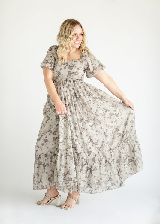 Taupe Floral Puff Sleeve Maxi Dress FF Dresses