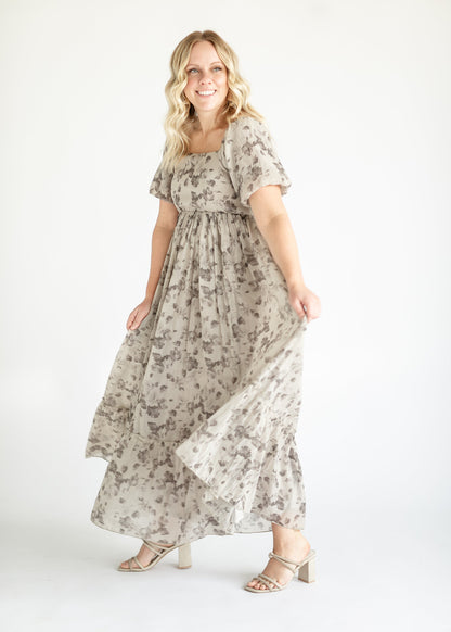 Taupe Floral Puff Sleeve Maxi Dress FF Dresses