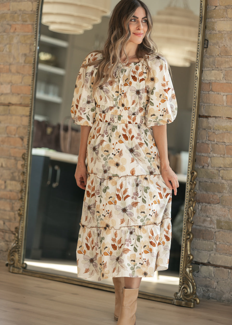 Taupe Foliage Print Puff Sleeve Dress FF Dresses