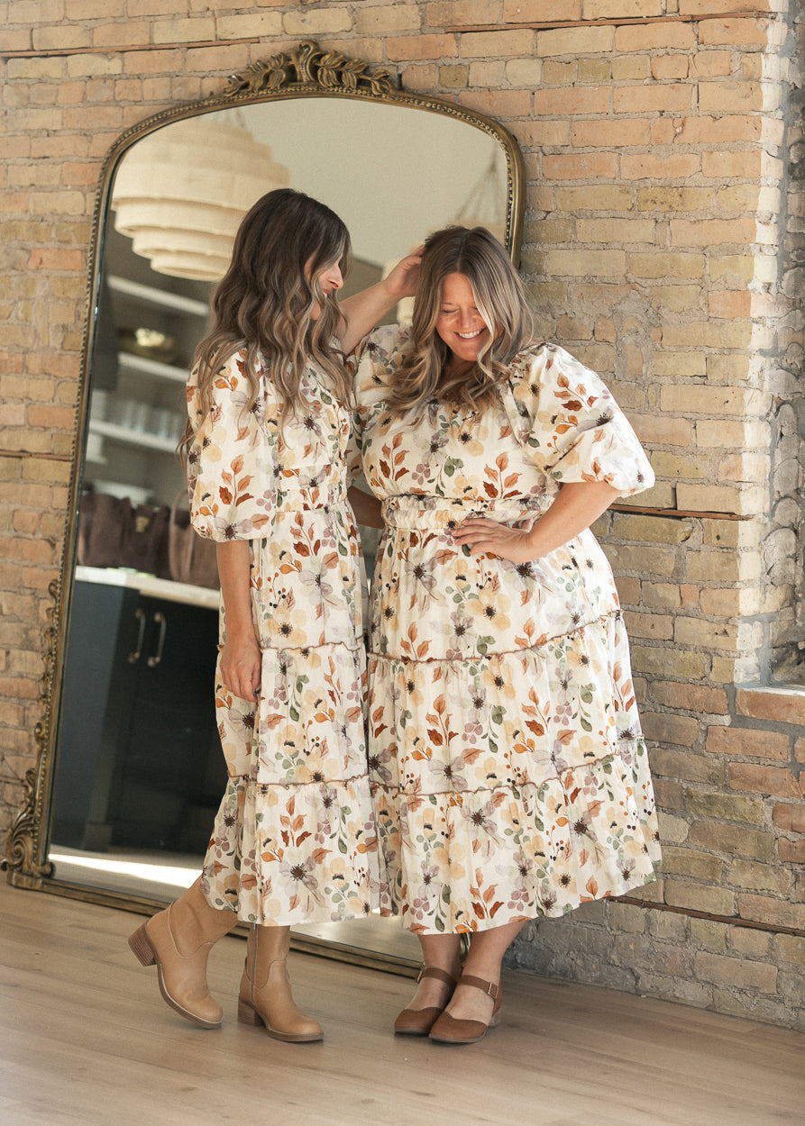 Taupe Foliage Print Puff Sleeve Dress FF Dresses