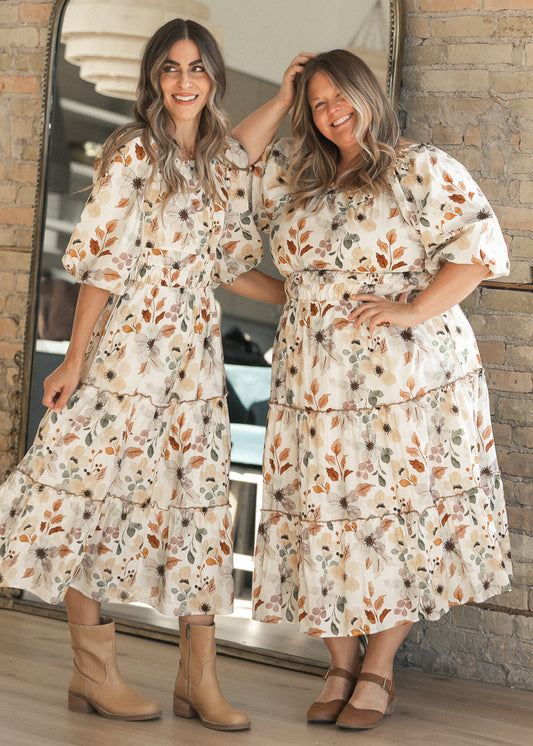 Taupe Foliage Print Puff Sleeve Dress FF Dresses