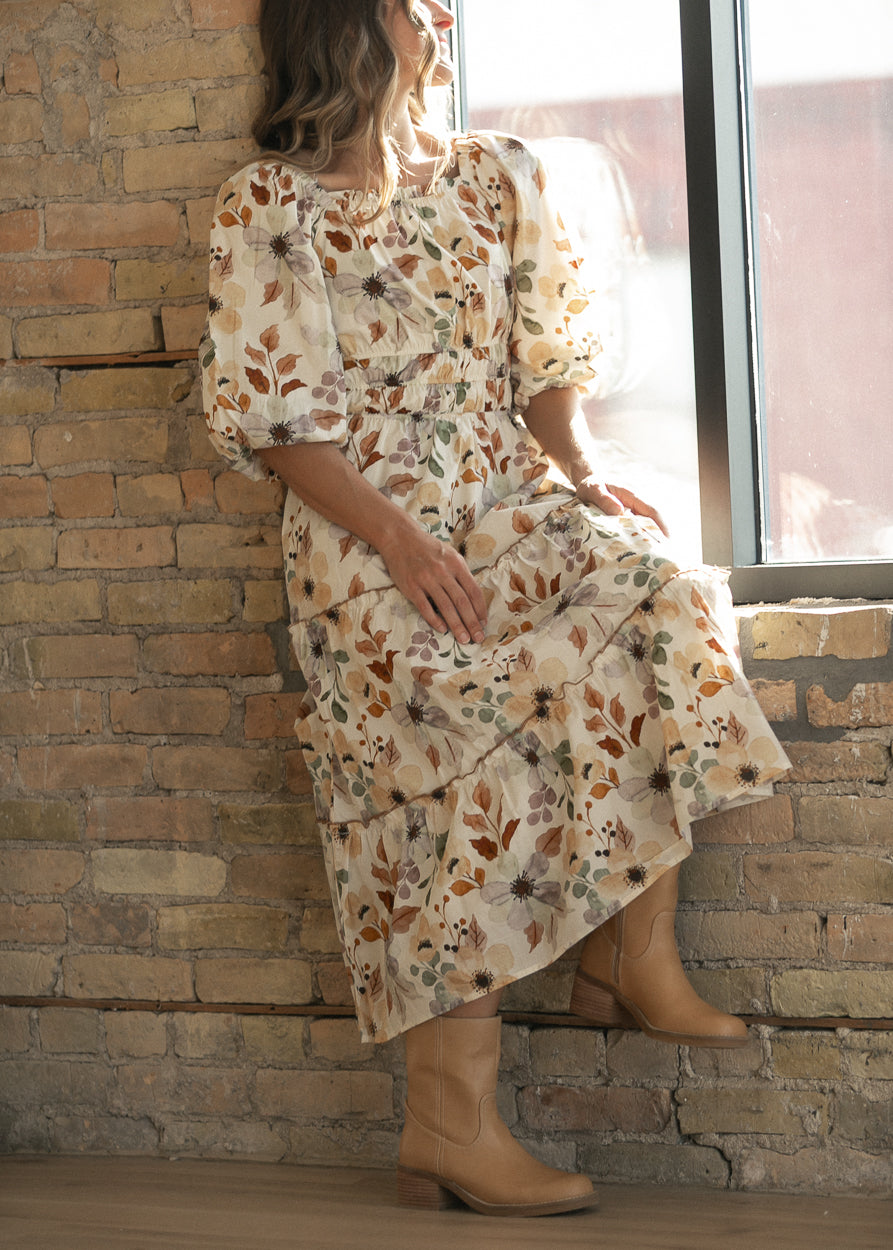 Taupe Foliage Print Puff Sleeve Dress FF Dresses