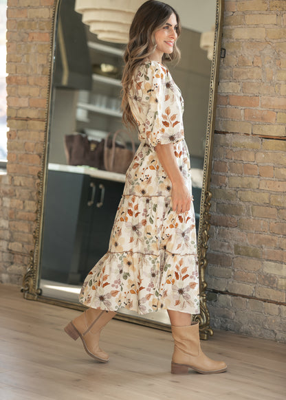 Taupe Foliage Print Puff Sleeve Dress FF Dresses