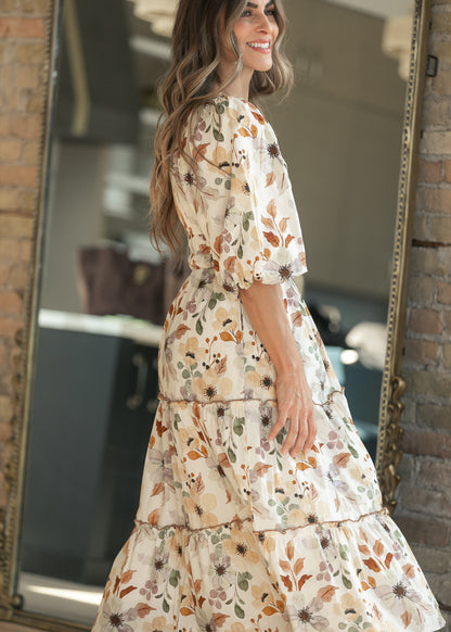 Taupe Foliage Print Puff Sleeve Dress FF Dresses
