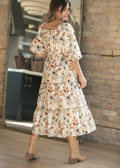 Taupe Foliage Print Puff Sleeve Dress FF Dresses