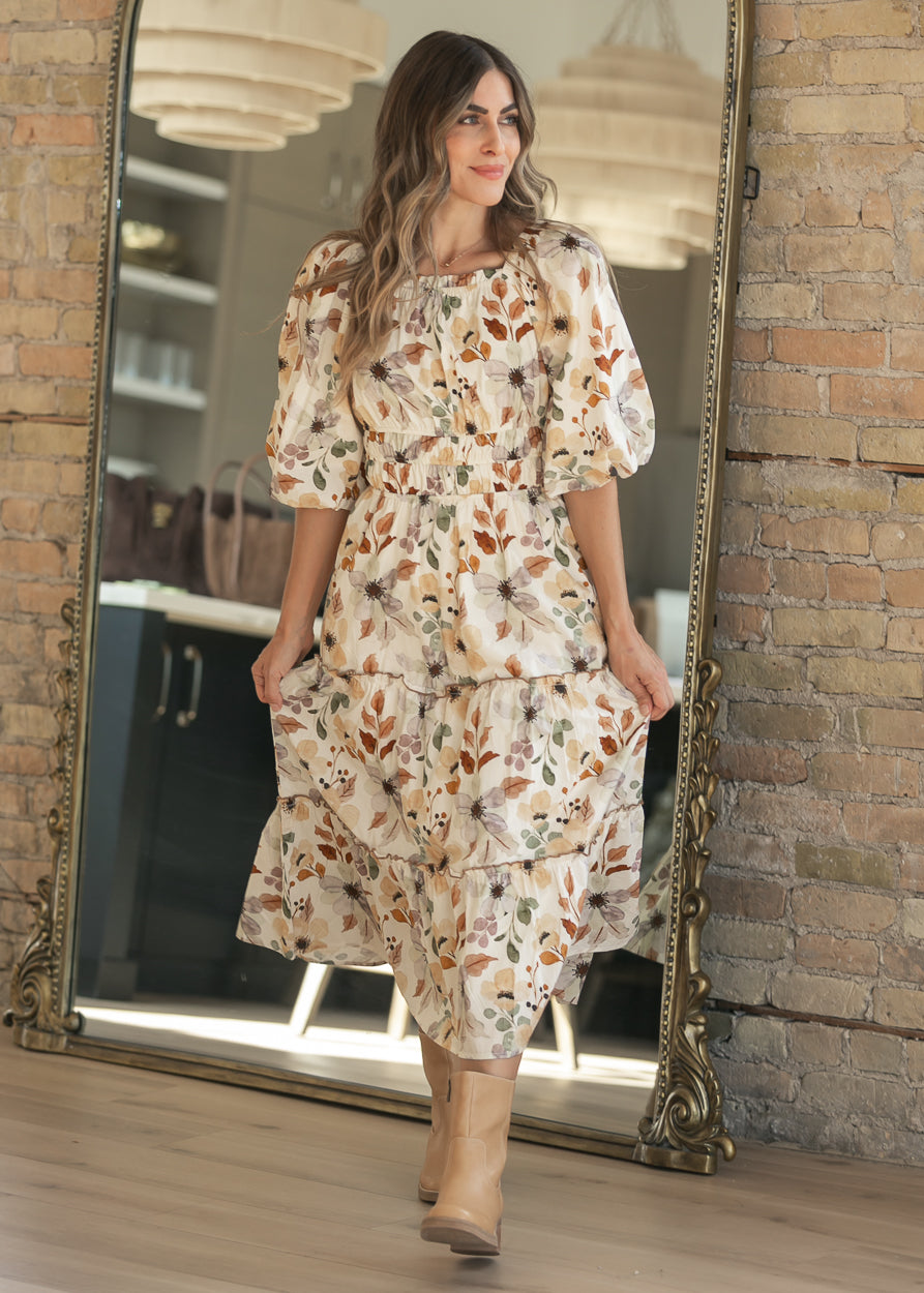 Taupe Foliage Print Puff Sleeve Dress FF Dresses S