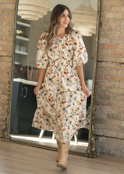 Taupe Foliage Print Puff Sleeve Dress FF Dresses S