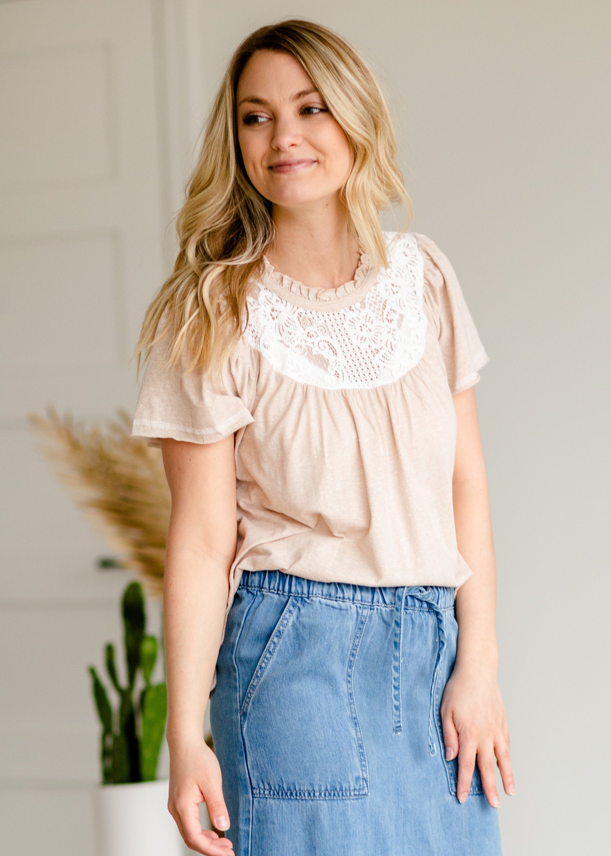 Taupe Lace Ruffle Sleeve Top - FINAL SALE Tops