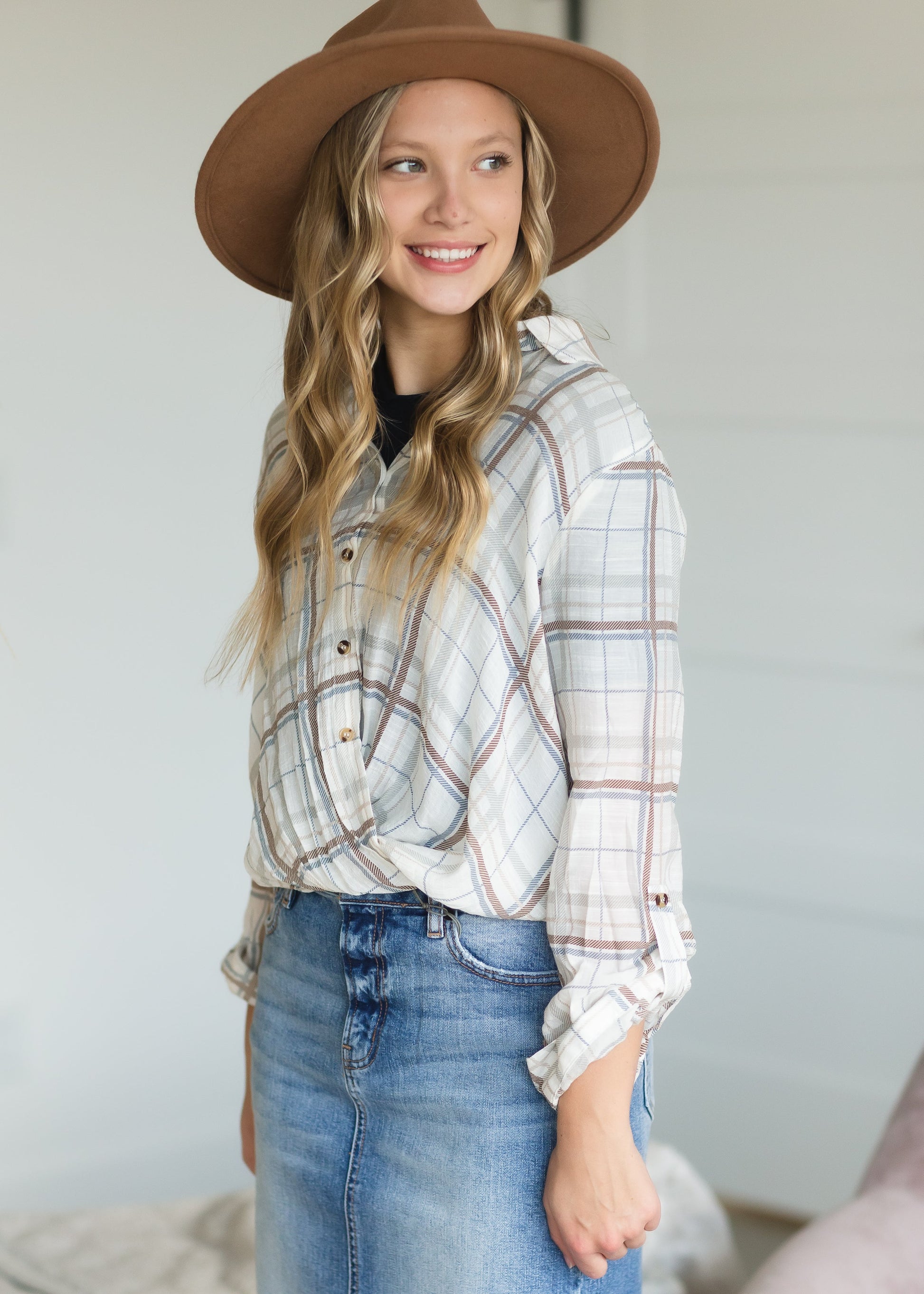 Taupe Plaid Front Knot Top - FINAL SALE Tops