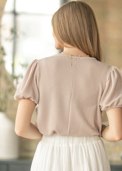 Taupe Ribbed Puff Sleeve Top FF Tops