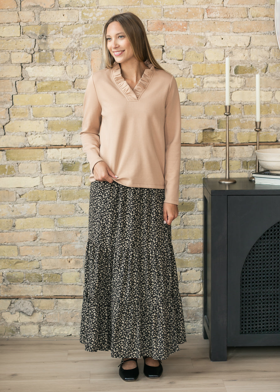 Taupe Ruffle V-neck Long Sleeve Top FF Tops