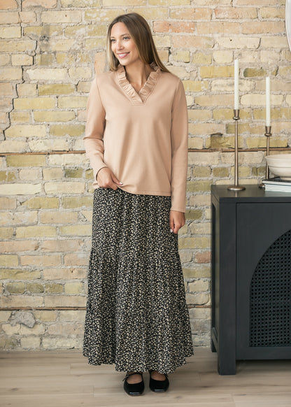 Taupe Ruffle V-neck Long Sleeve Top FF Tops