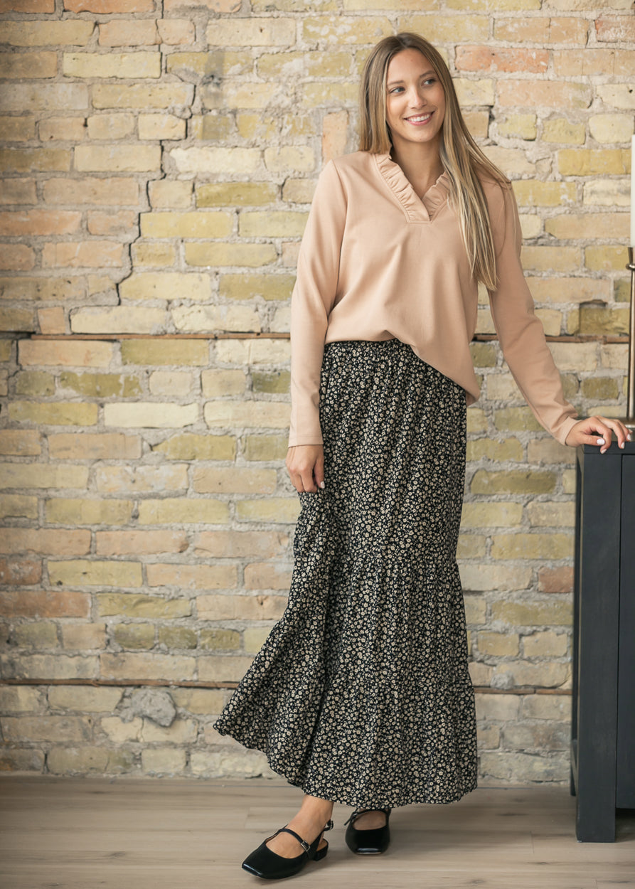 Taupe Ruffle V-neck Long Sleeve Top FF Tops S