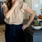 Taupe Smocked Neck Printed Blouse - FINAL SALE Tops