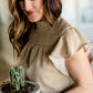 Taupe Smocked Neck Printed Blouse - FINAL SALE Tops