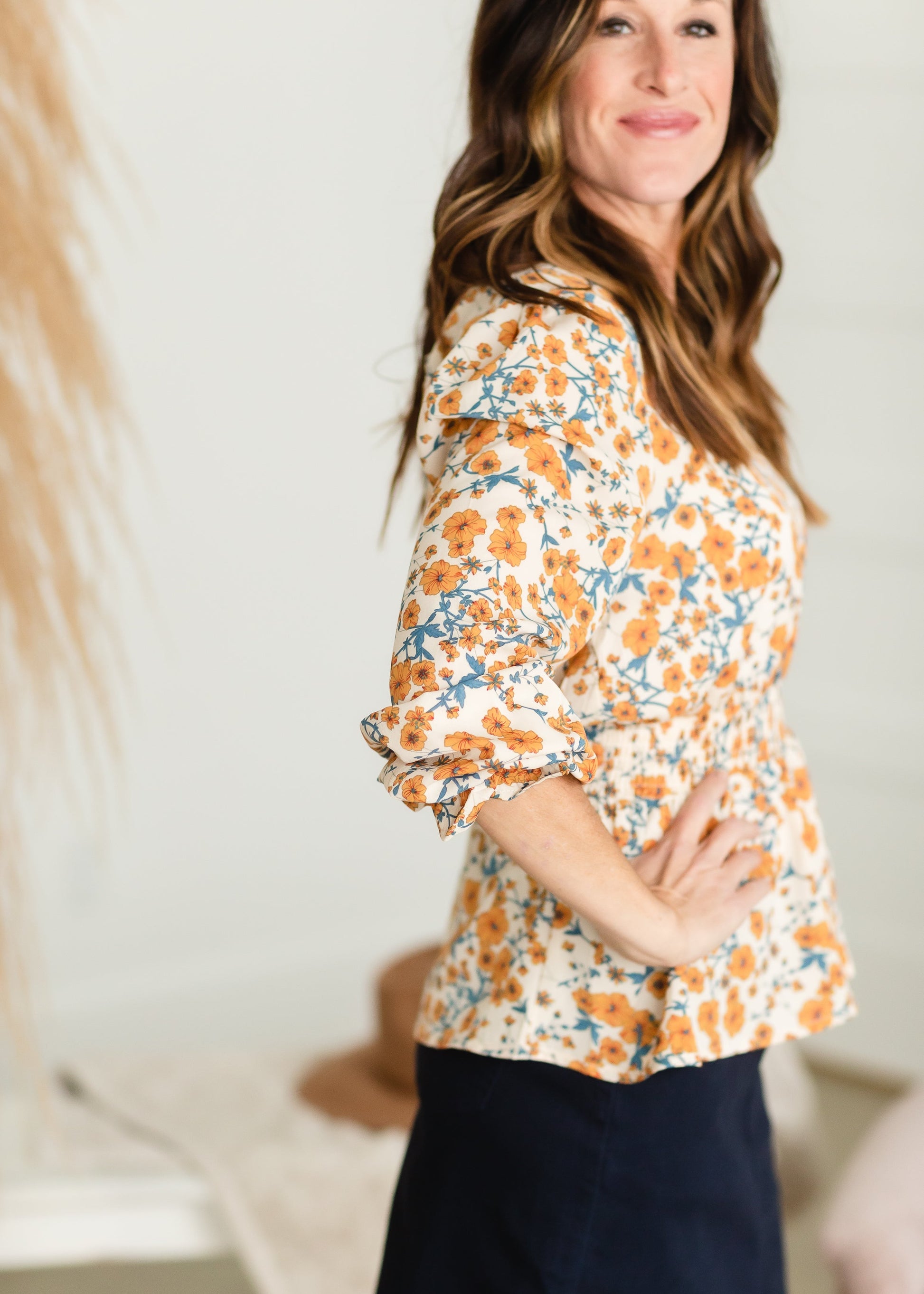 Taupe Square Neck Floral Top - FINAL SALE Tops