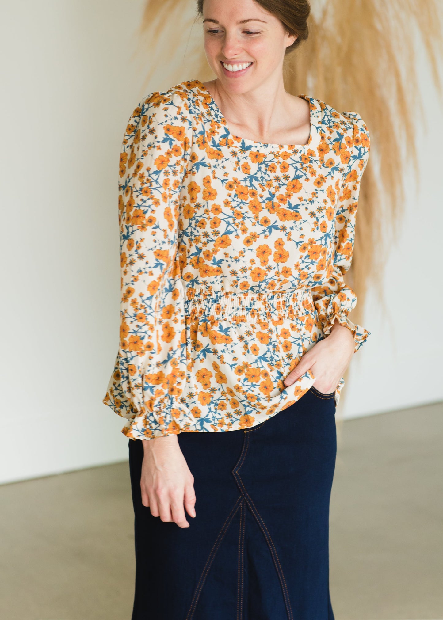Taupe Square Neck Floral Top - FINAL SALE Tops