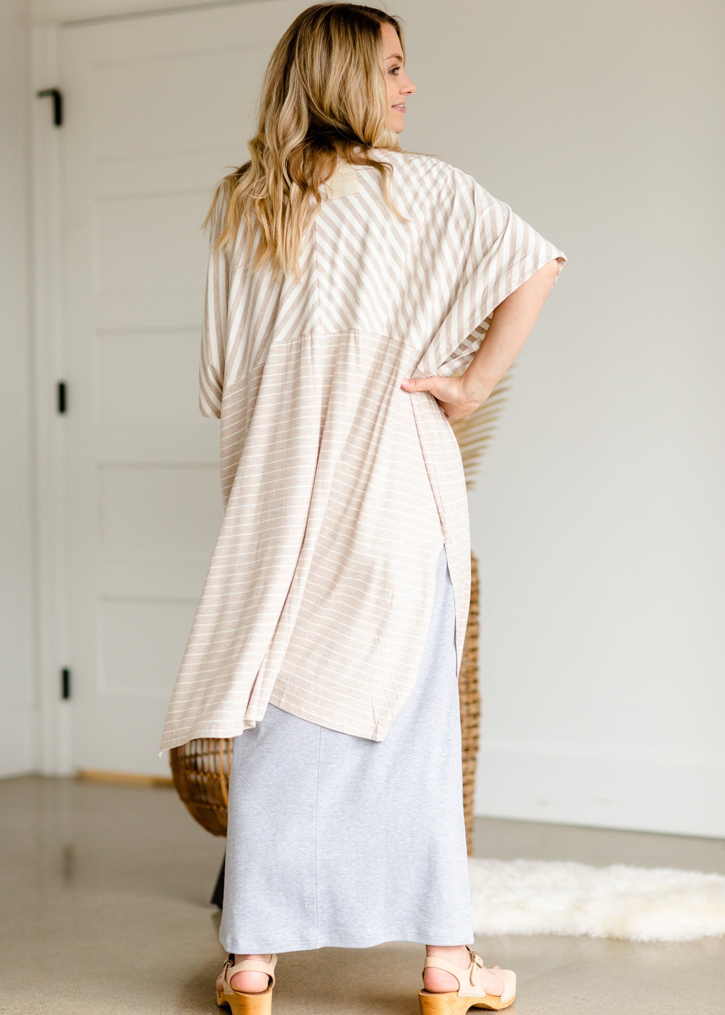Taupe Stripe Mix Knit Kimono - FINAL SALE Tops OS