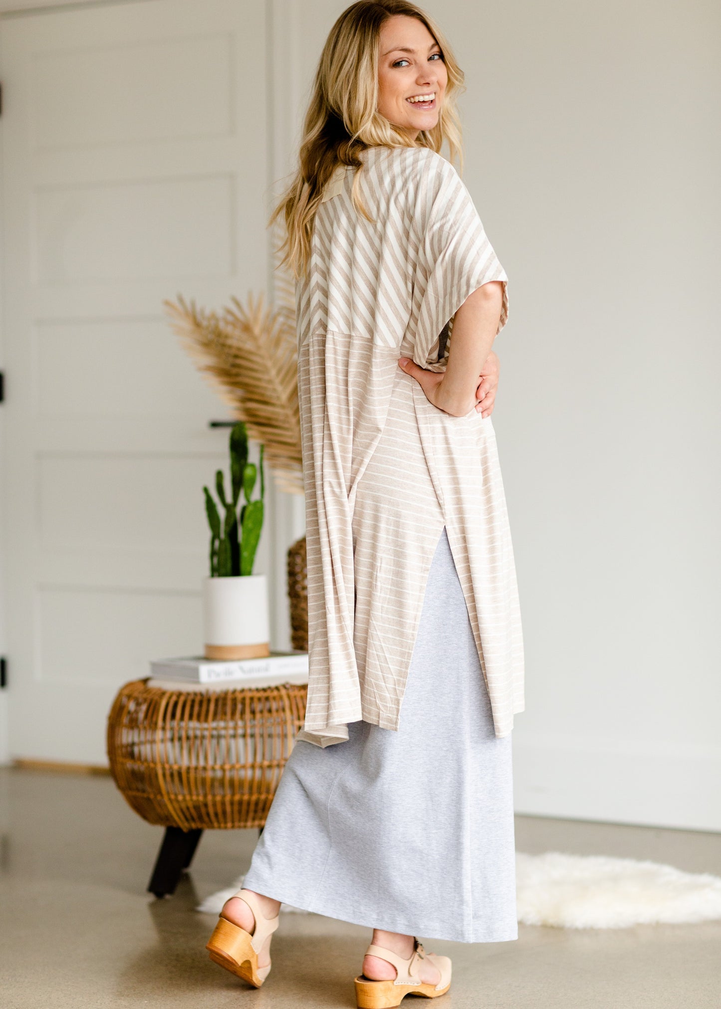 Taupe Stripe Mix Knit Kimono - FINAL SALE Tops OS