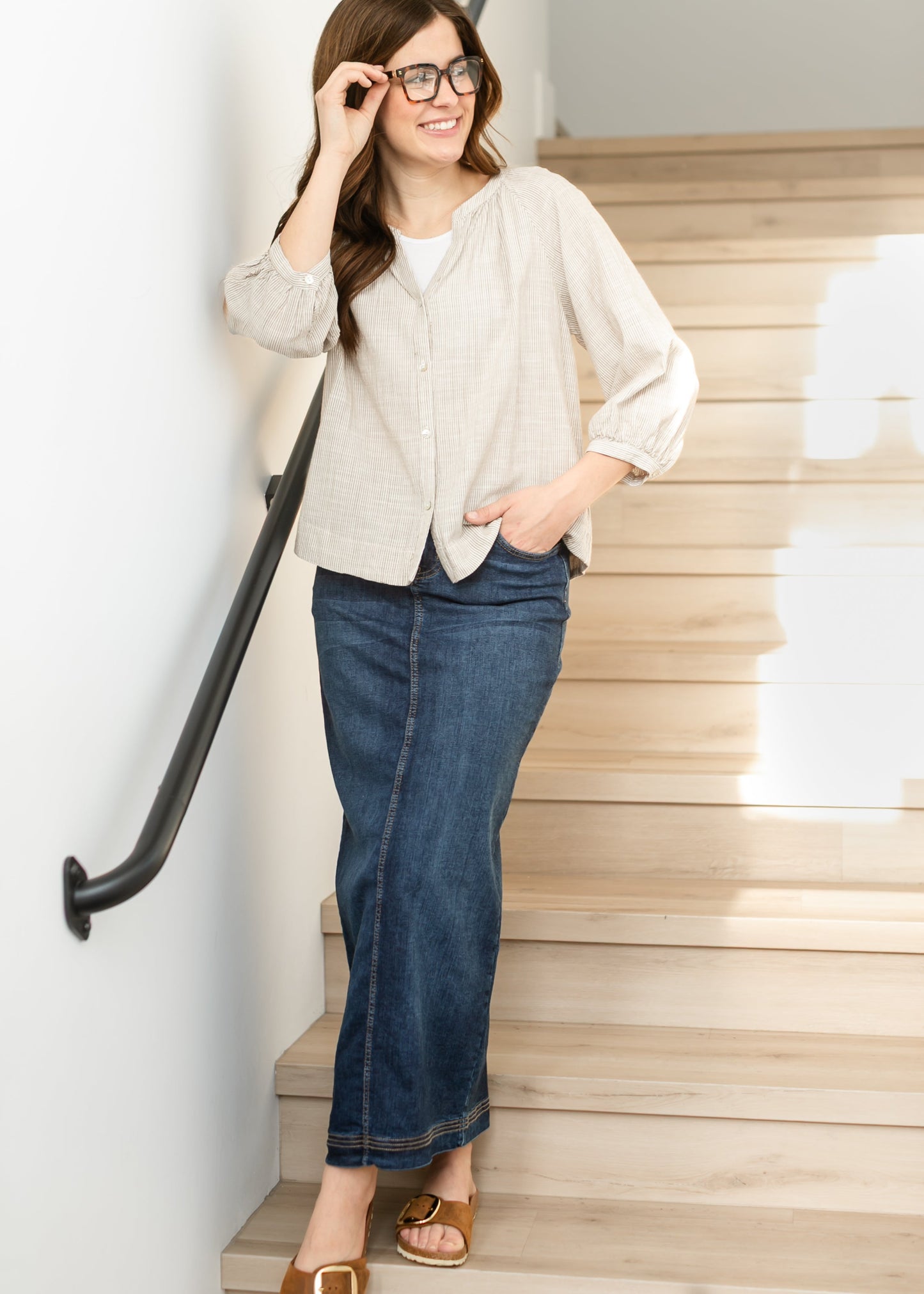 Taupe Stripe Woven Button Up Top FF Tops