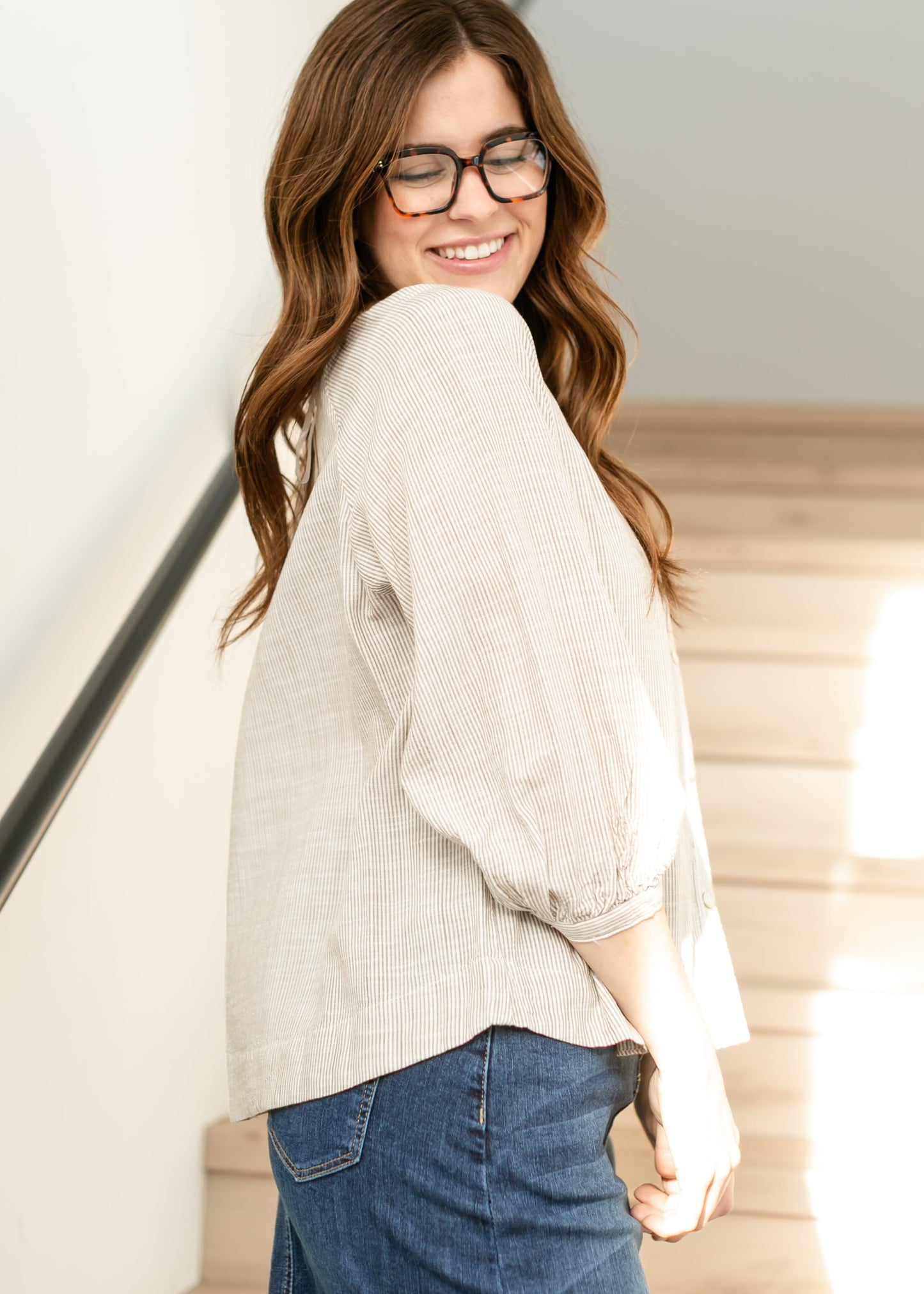 Taupe Stripe Woven Button Up Top FF Tops