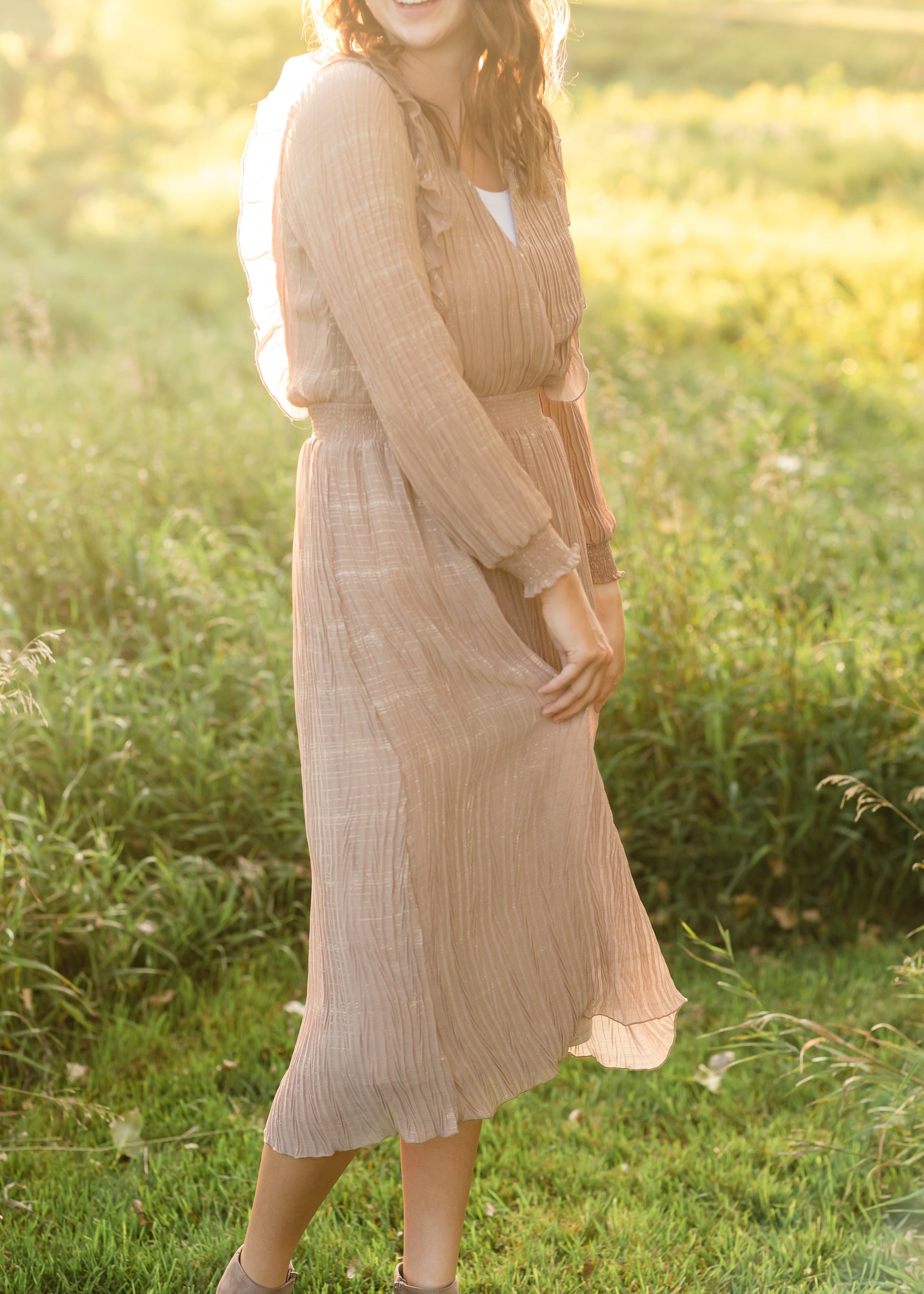 Taupe Woven Pleated Chiffon Midi Dress - FINAL SALE Dresses