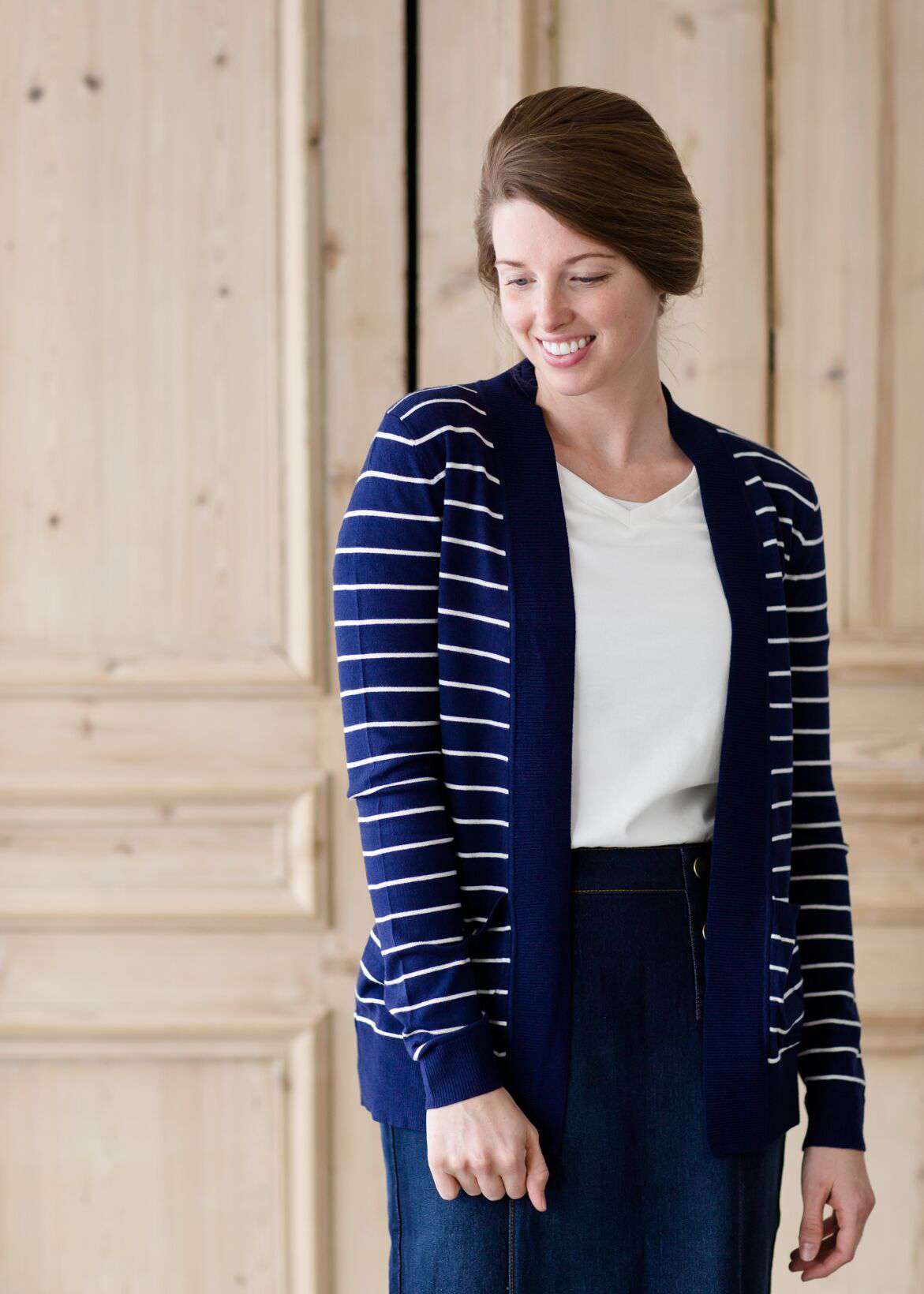 Teacher Stripe Open Front Cardigan-FINAL SALE Layering Essentials Navy / S