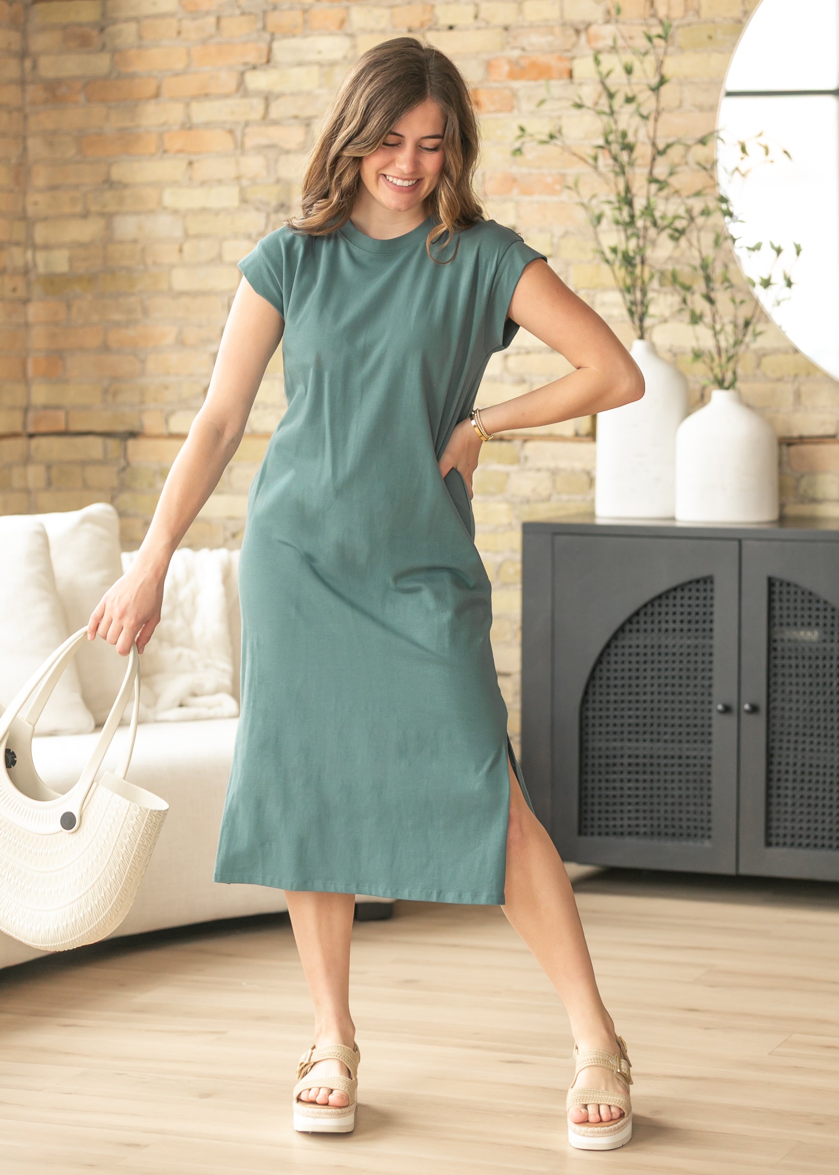 Cap Sleeve T-shirt Midi Dress, Teal