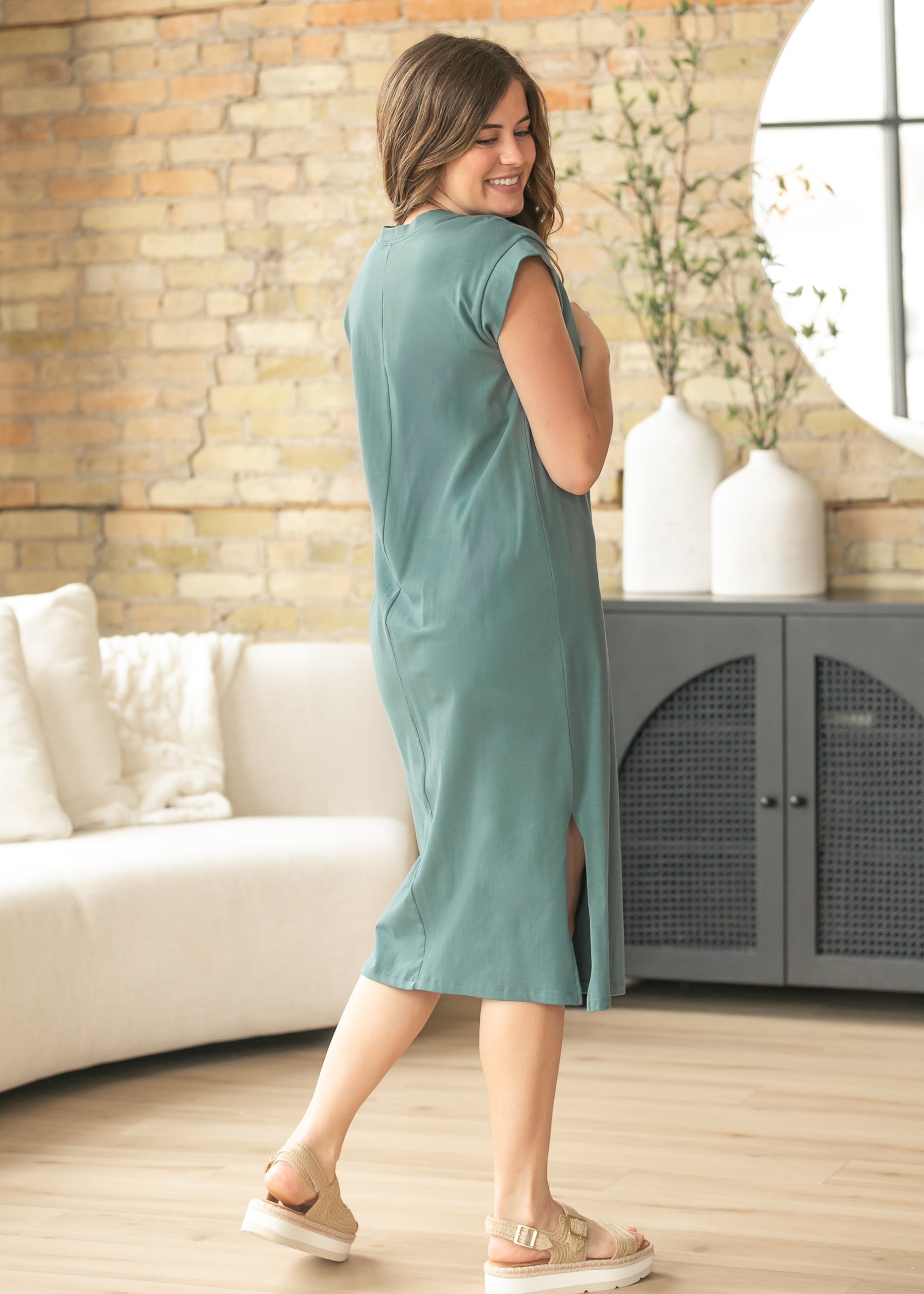 Teal Cap Sleeve T-shirt Midi Dress, Large