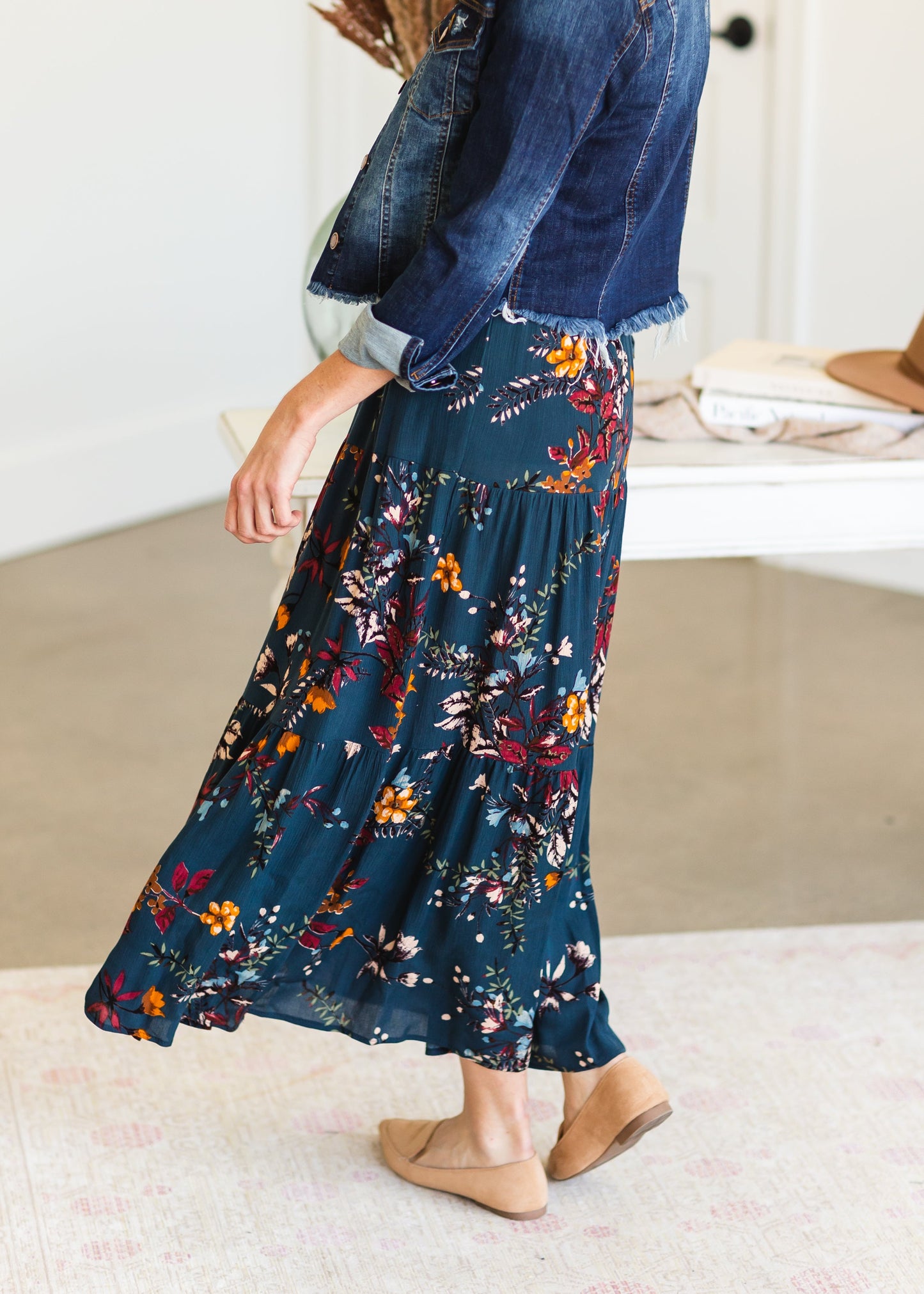 Teal Tiered Floral Skirt Skirts