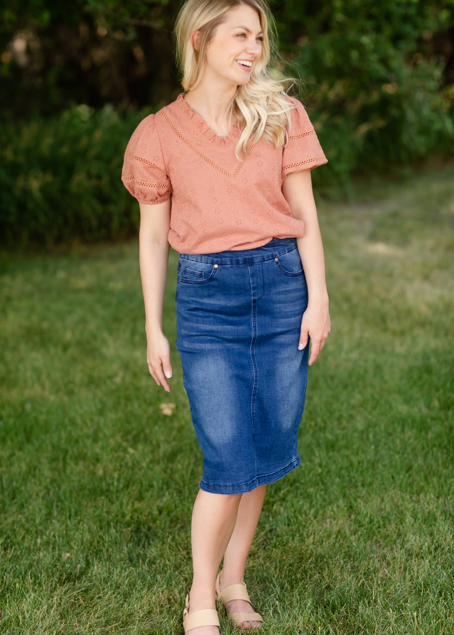 Terracotta Puff Short Sleeve Eyelet Top - FINAL SALE Tops