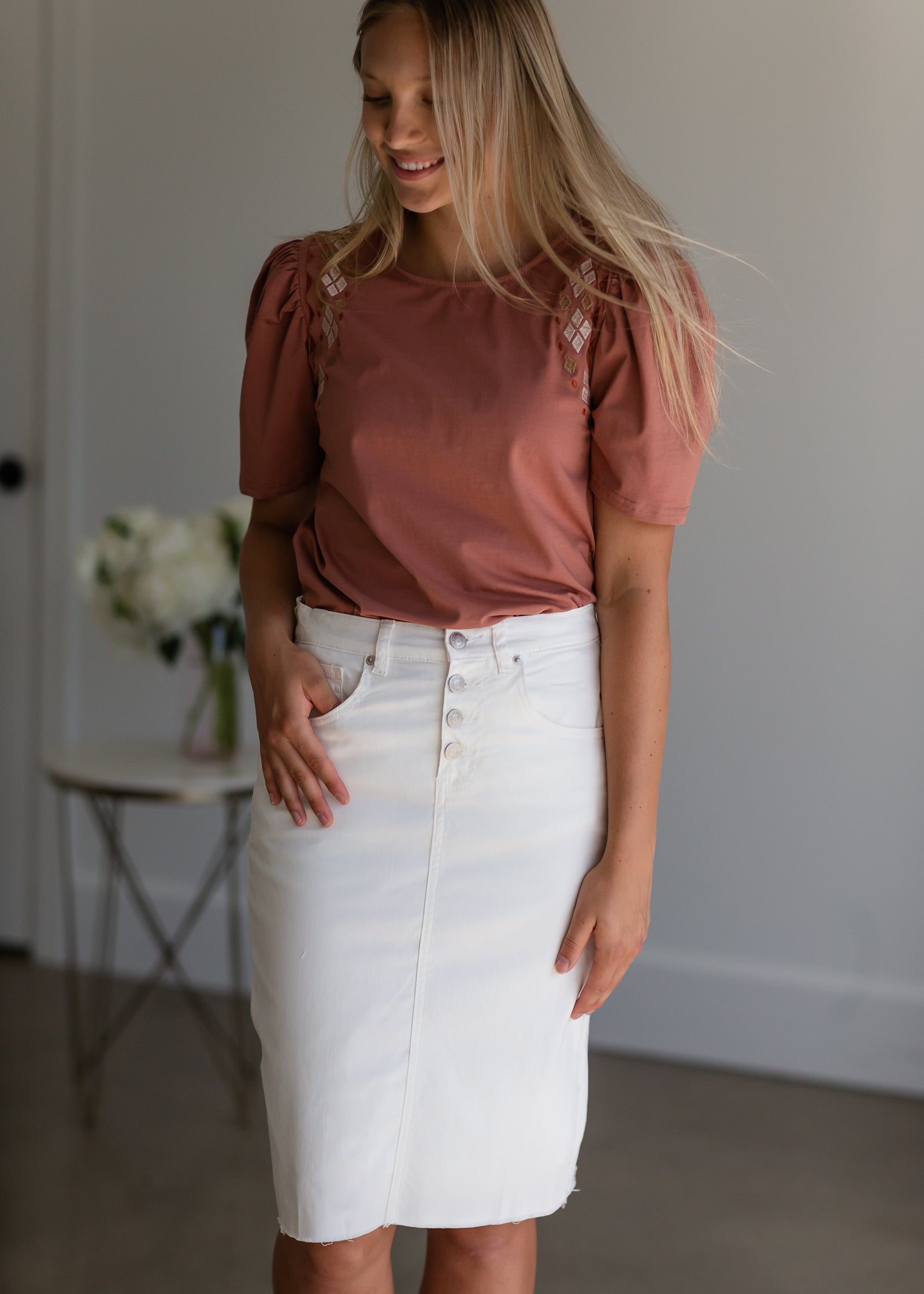 Terracotta Puff Sleeve Embroidered Top - FINAL SALE Tops