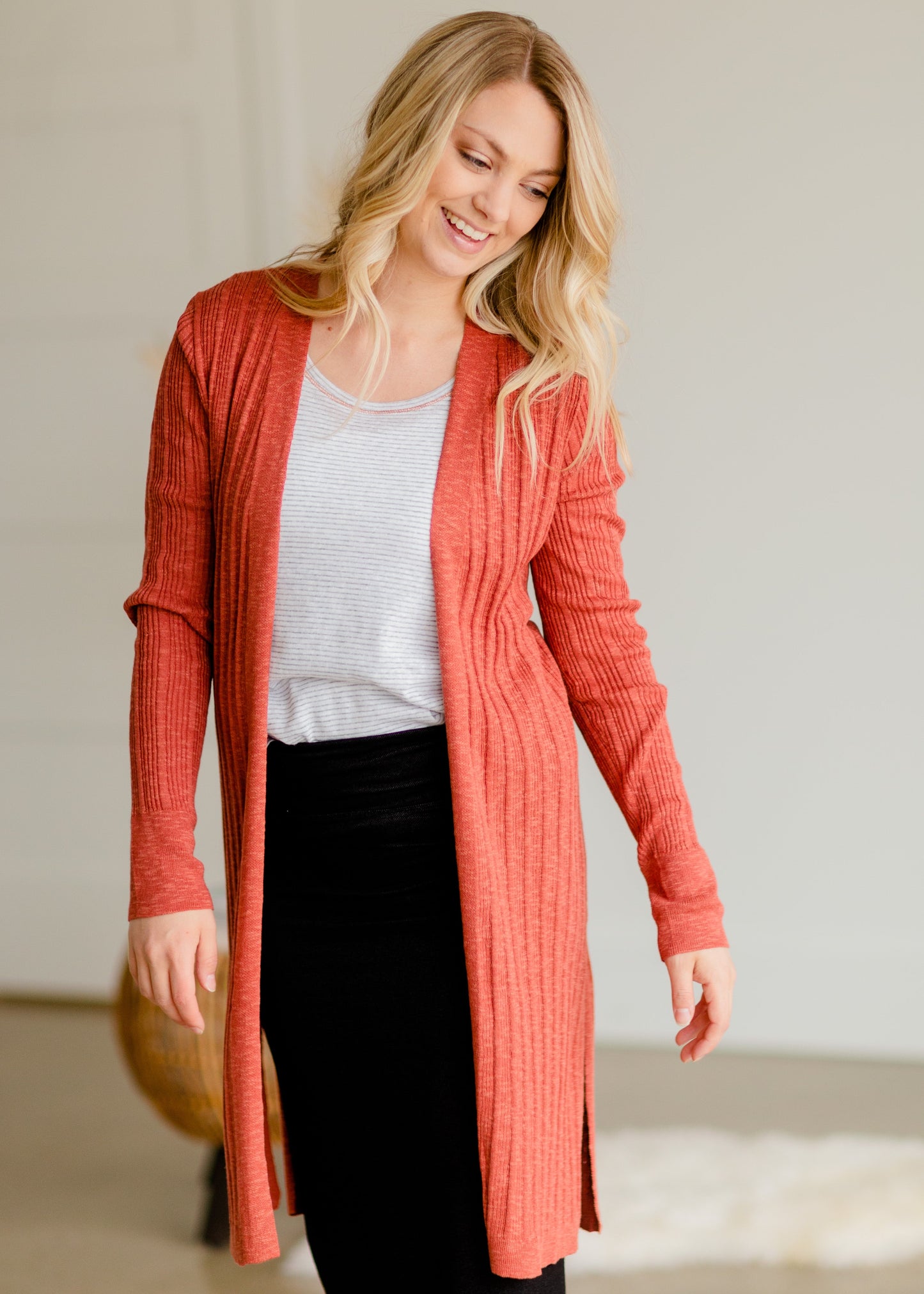 Terracotta Ribbed Sweater Cardigan Tops