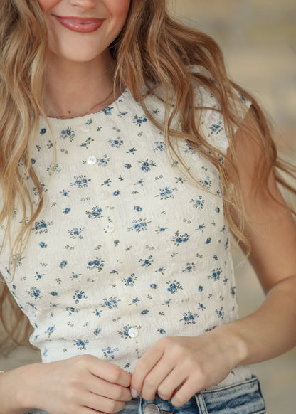 Textured Blue Floral Cap Sleeve Top FF Tops