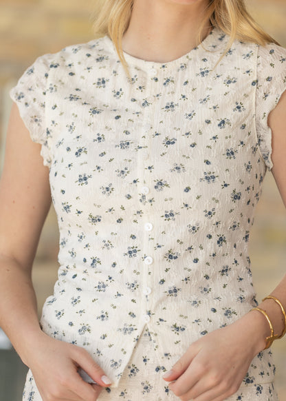 Textured Blue Floral Top & Maxi Skirt Set FF Tops