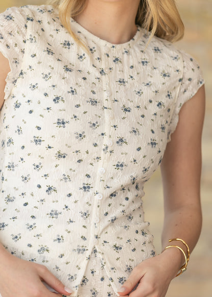 Textured Blue Floral Top & Maxi Skirt Set FF Tops