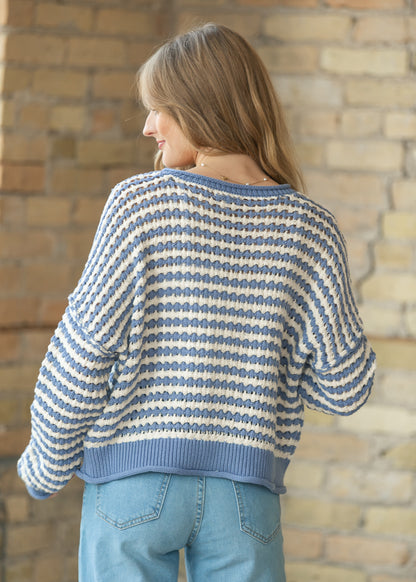 Textured Blue Stripe Crochet Knit Button Cardigan FF Tops