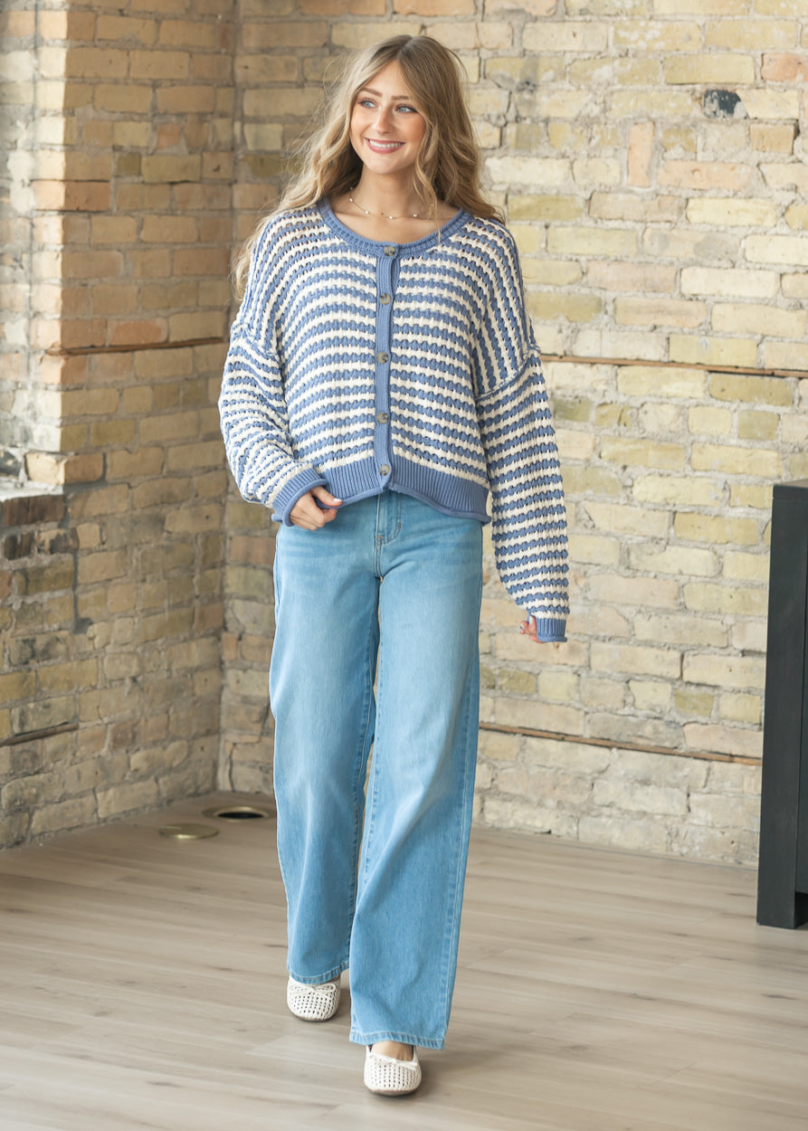 Textured Blue Stripe Crochet Knit Button Cardigan FF Tops