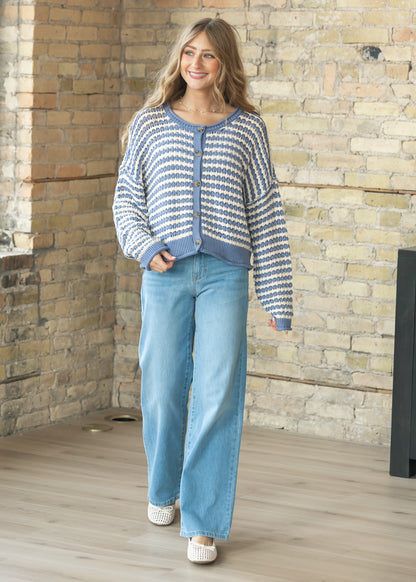 Textured Blue Stripe Crochet Knit Button Cardigan FF Tops