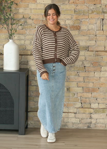 Textured Brown Stripe Crochet Knit Button Cardigan FF Tops