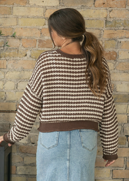 Textured Brown Stripe Crochet Knit Button Cardigan FF Tops