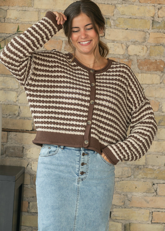 Textured Brown Stripe Crochet Knit Button Cardigan FF Tops S