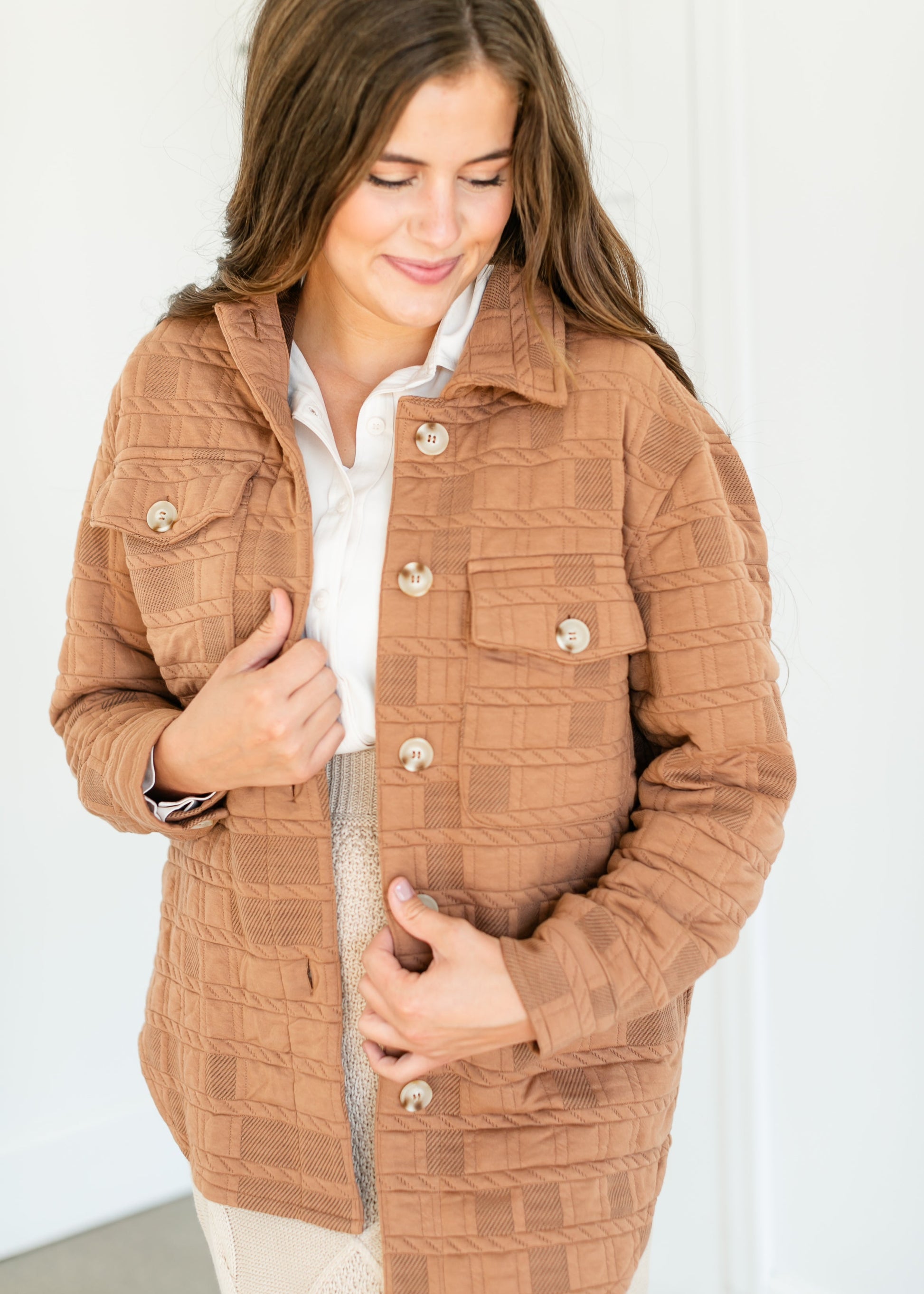 Textured Button Up Shacket FF Tops