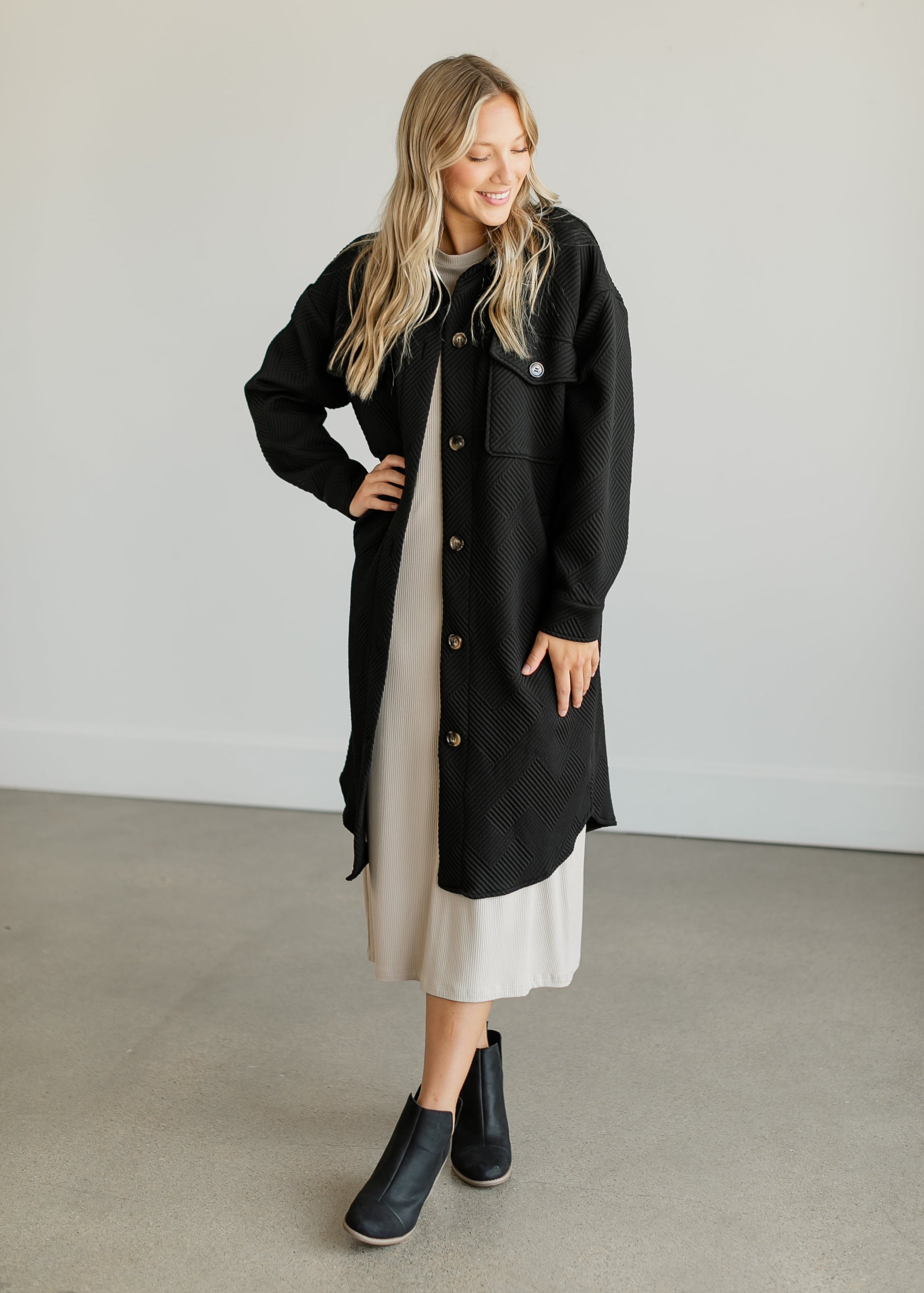 Textured Duster Long Shacket FF Tops Black / S