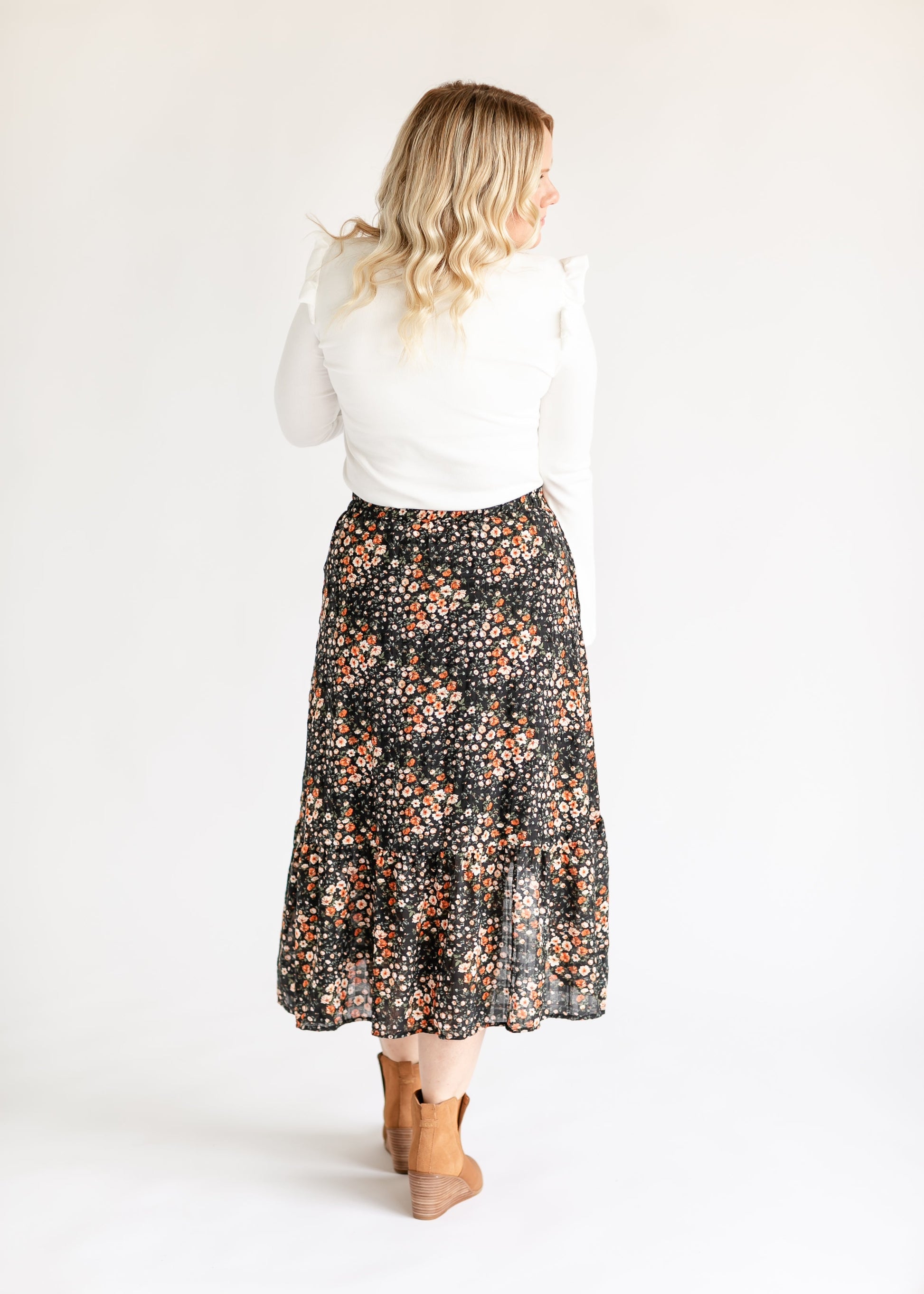 Textured Floral Asymmetric Midi Skirt FF Skirts