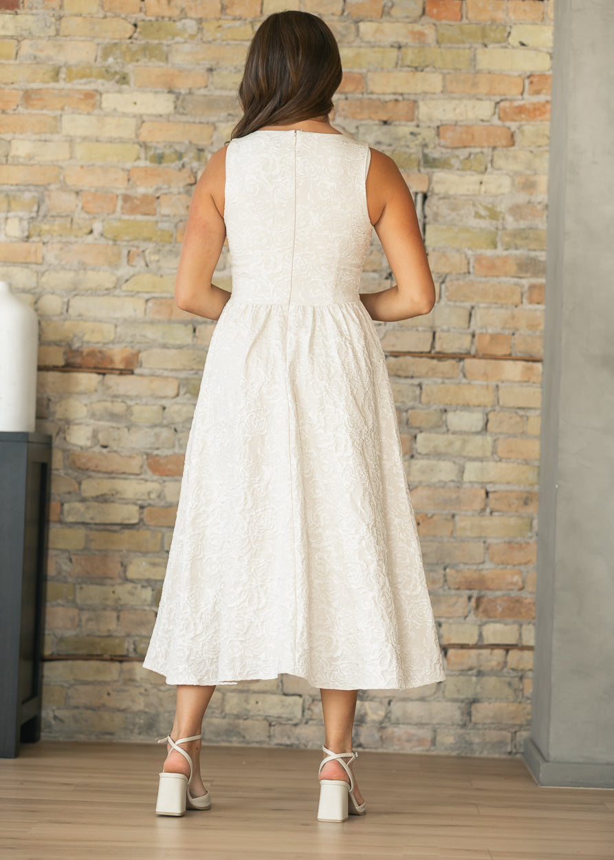 Textured Floral Jacquard Champagne Midi Dress FF Dresses