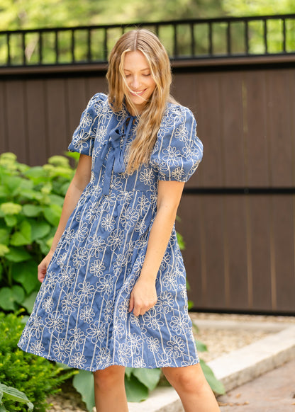 Textured Floral Print Bubble Sleeve Dress FF Dresses