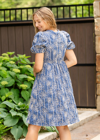 Textured Floral Print Bubble Sleeve Dress FF Dresses